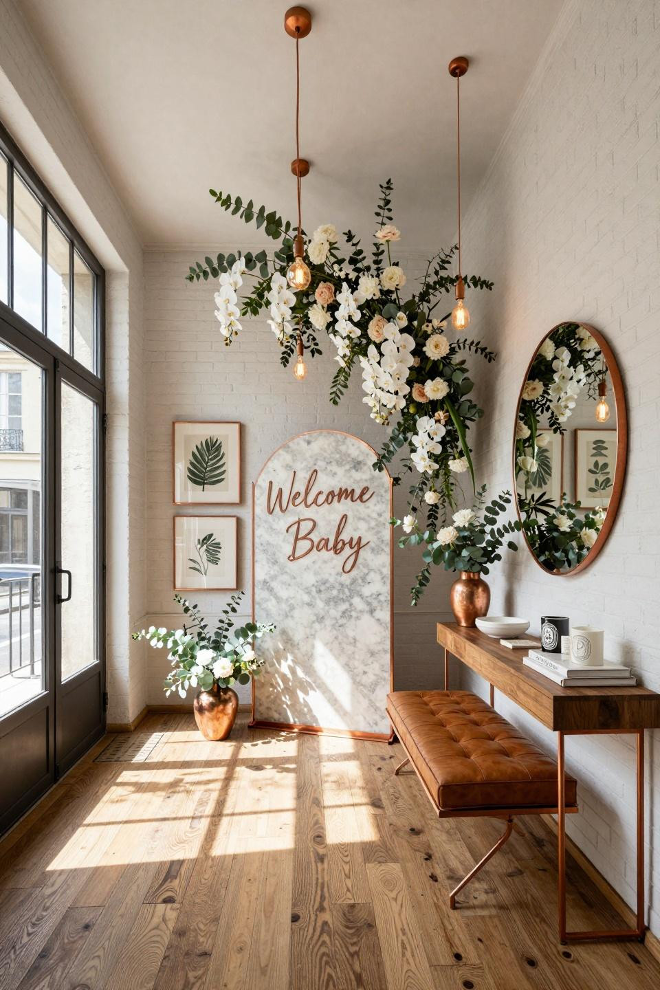 Baby shower inspiration with hand-lettered copper frame and cascading orchids in loft
