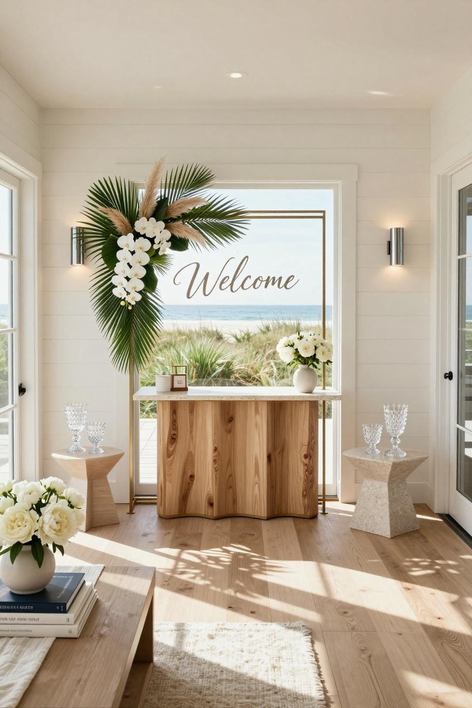 Baby shower inspiration with brushed nickel frame and tropical florals in beach house