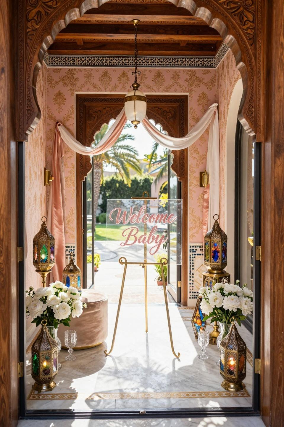 Baby shower inspiration with hand-painted calligraphy and brass lanterns in estate villa