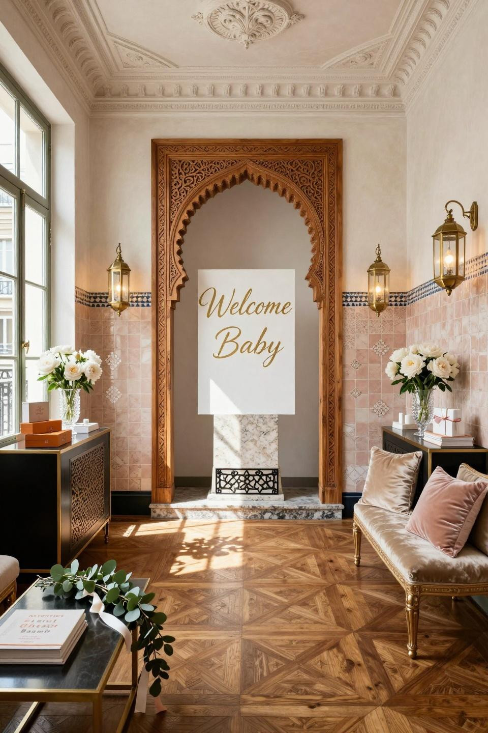 Baby shower inspiration featuring hand-carved Moroccan cedar with 24k gold leaf