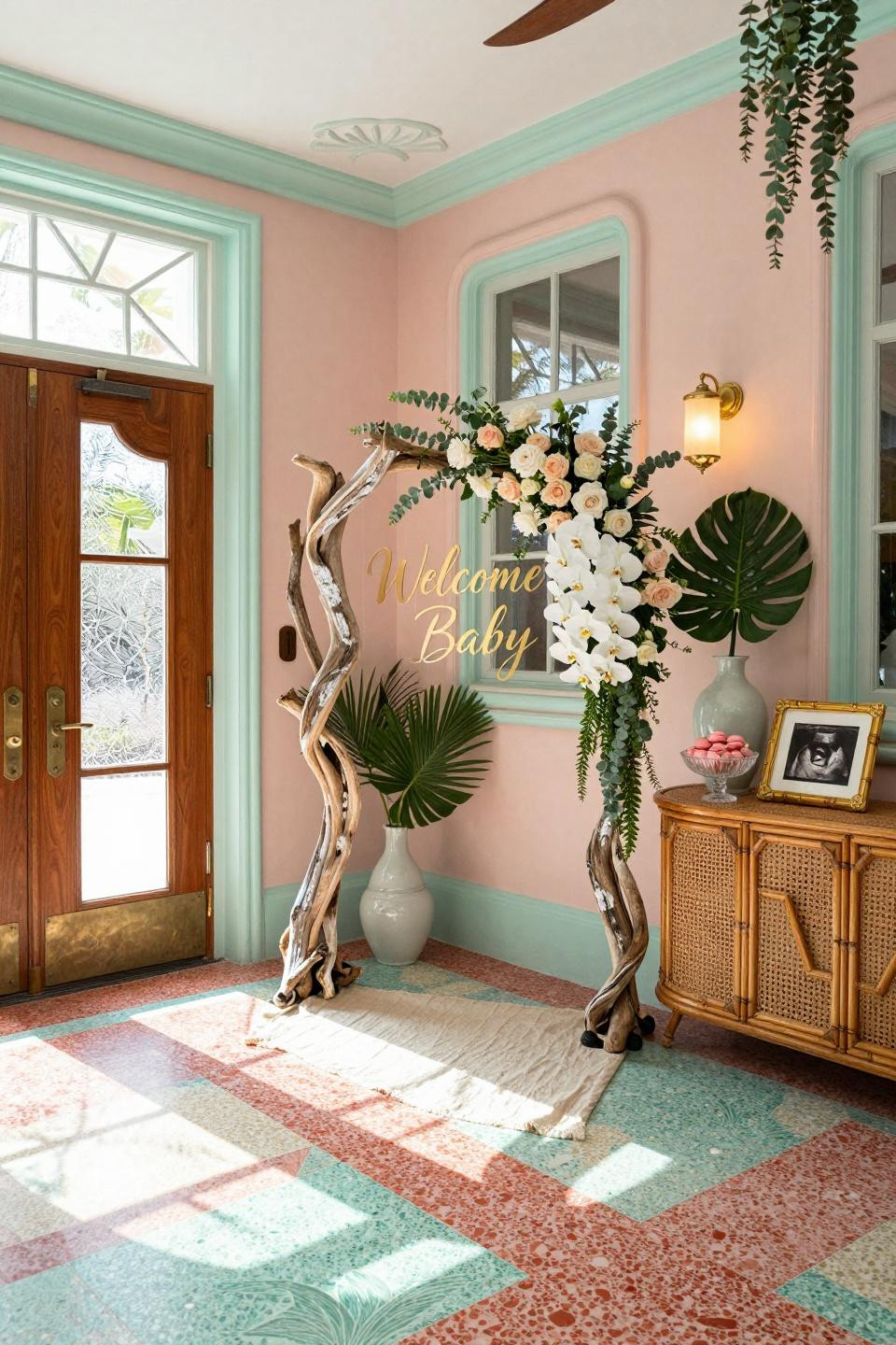 Baby shower inspiration with hand-lettered acrylic and driftwood arch in South Beach