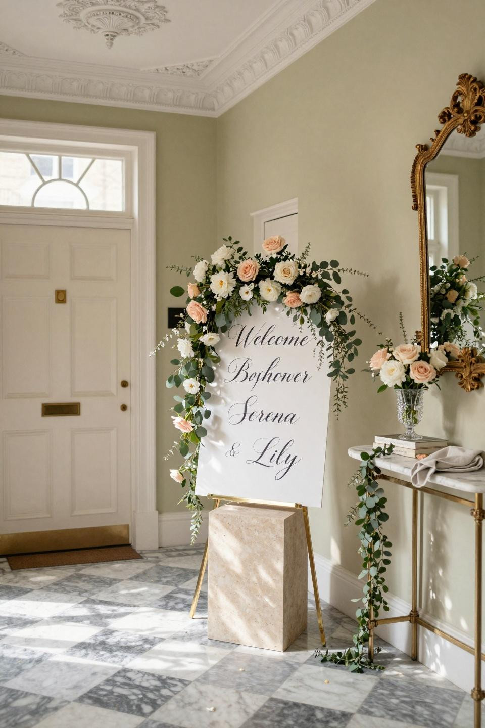Baby shower inspiration featuring hand-painted calligraphy and blush roses in Kensington