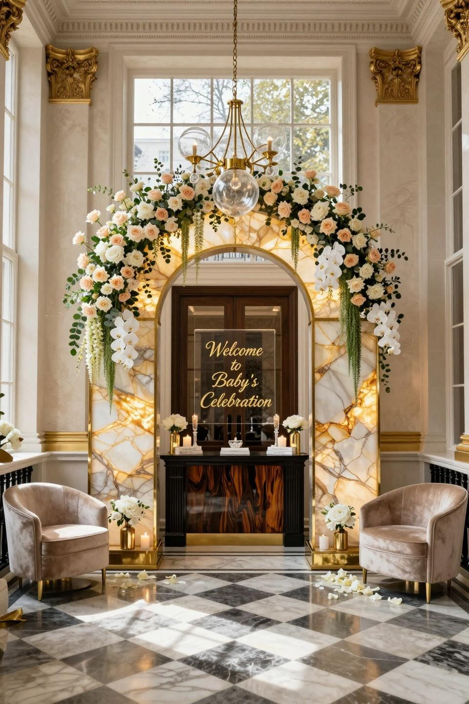 Neutral baby shower themes with backlit honey onyx and gold framework in London manor