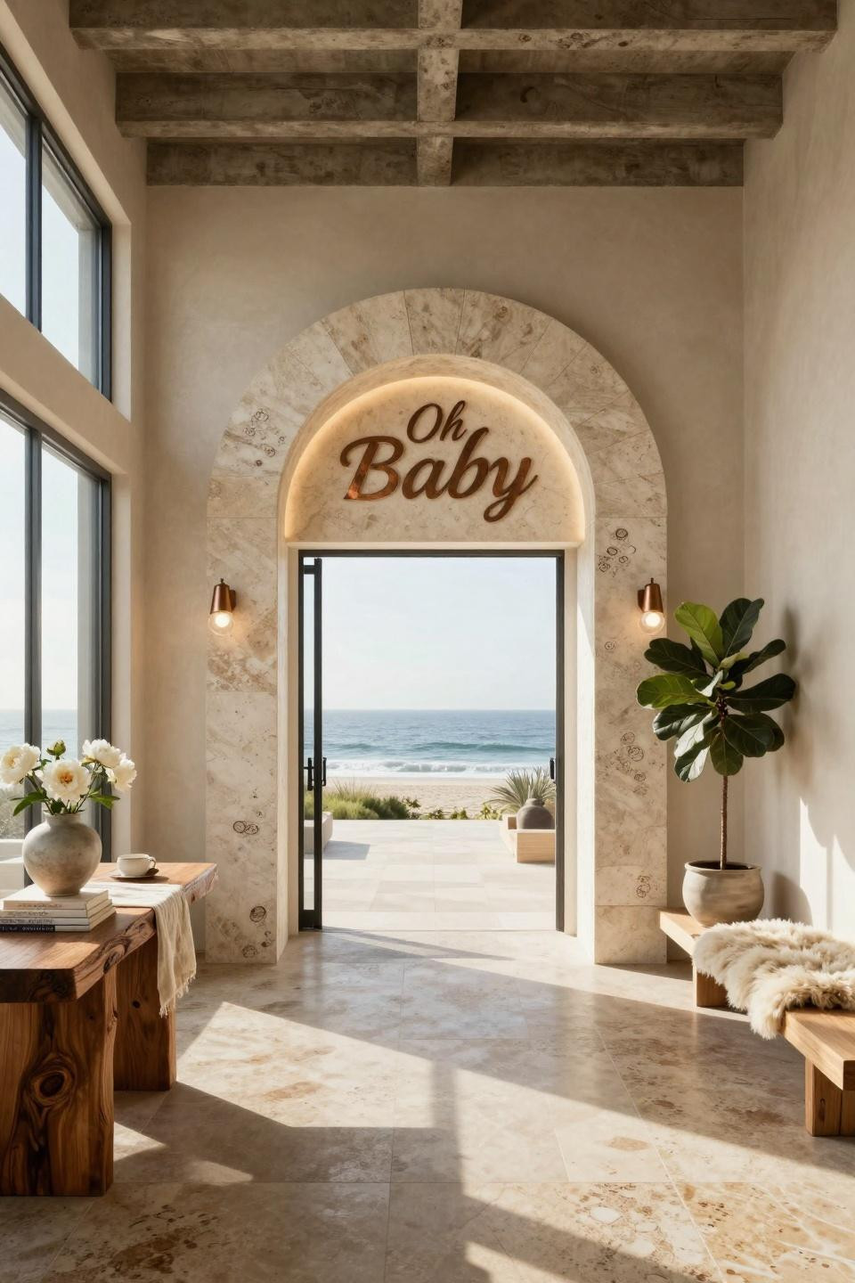 Baby shower welcome board with hand-carved travertine arch in Malibu beach house