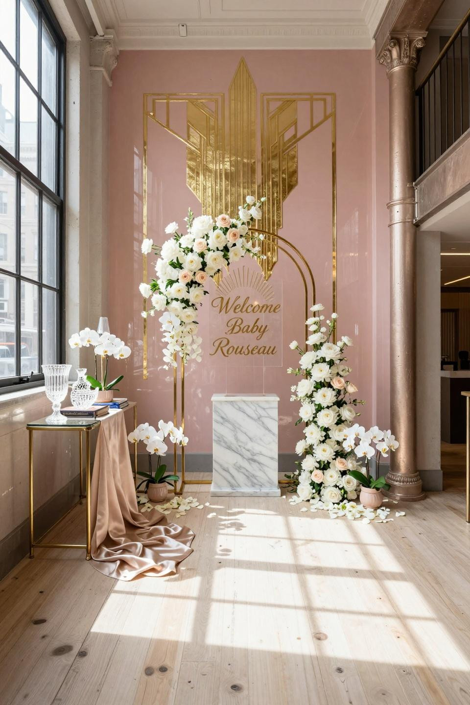 Baby shower sign ideas featuring gold leaf calligraphy and white peonies in Tribeca loft