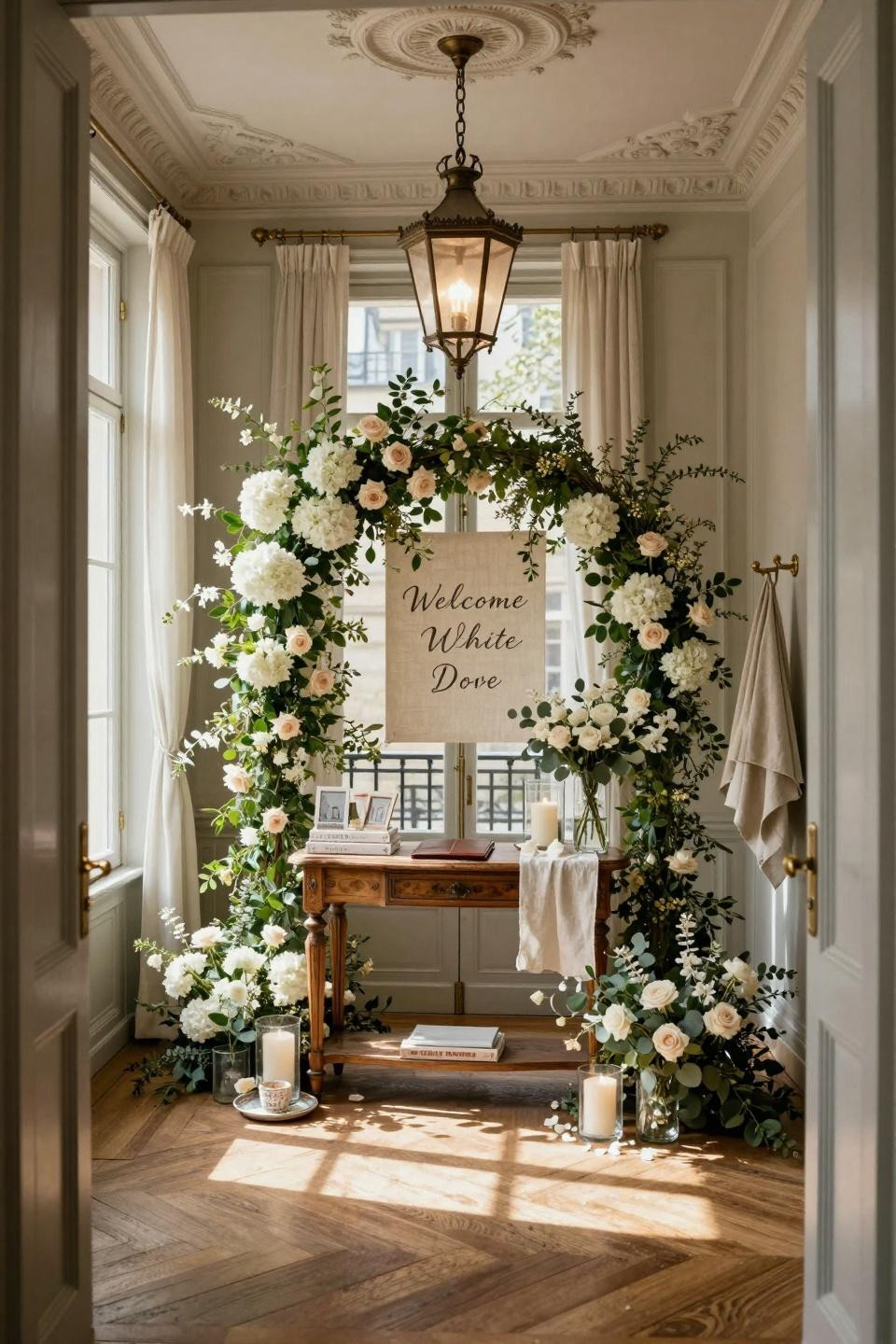 DIY baby shower sign inspiration with white hydrangeas and hand-lettering on linen canvas