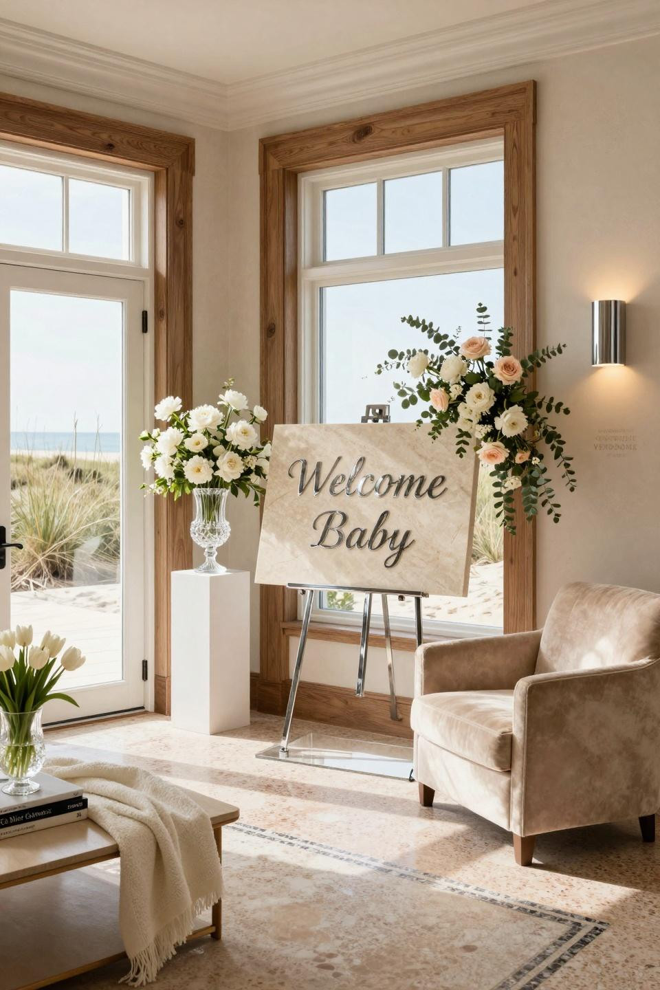 Baby shower background with hand-carved limestone and polished chrome in beach house