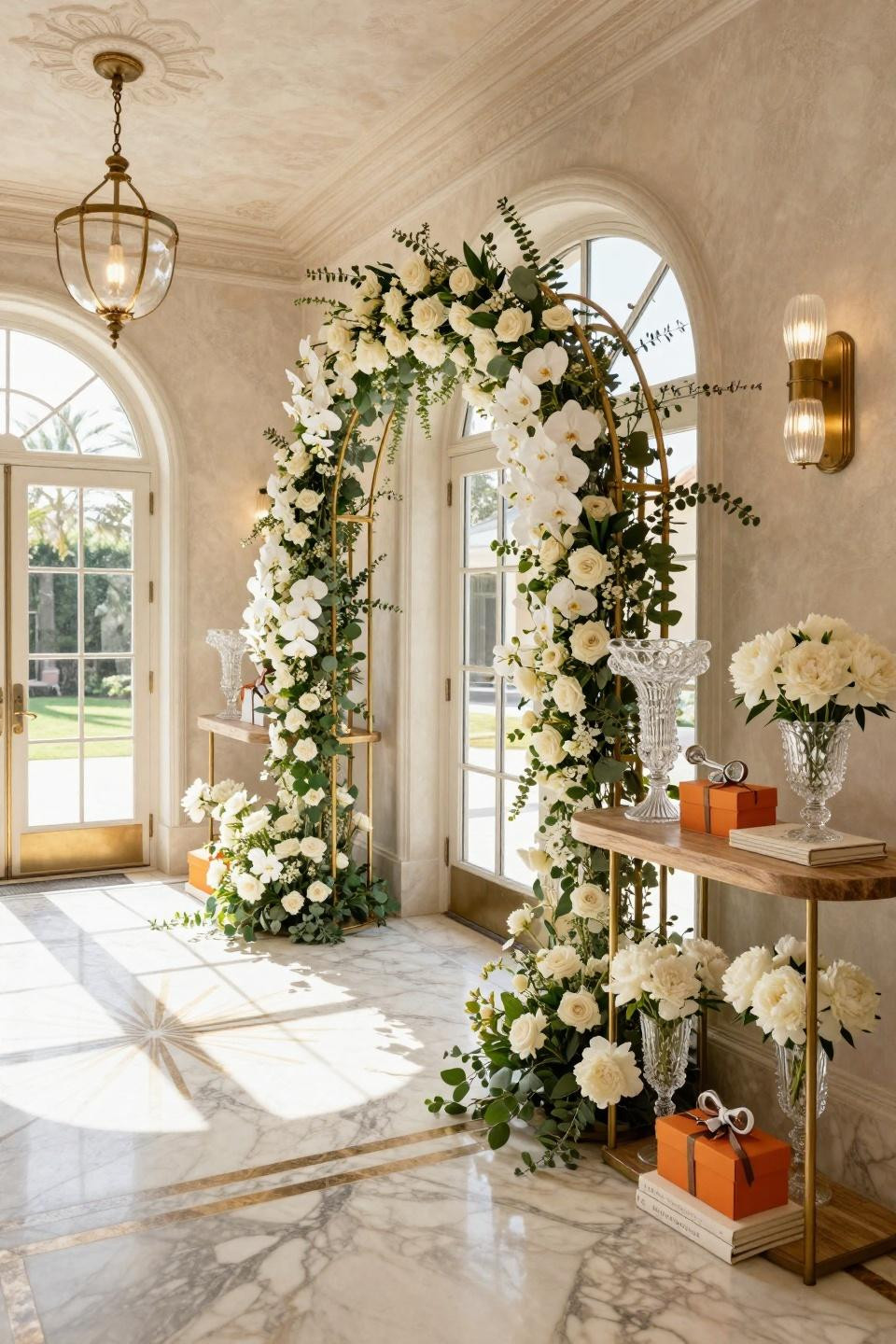 Baby shower arch with white orchids and unlacquered brass in Beverly Hills estate
