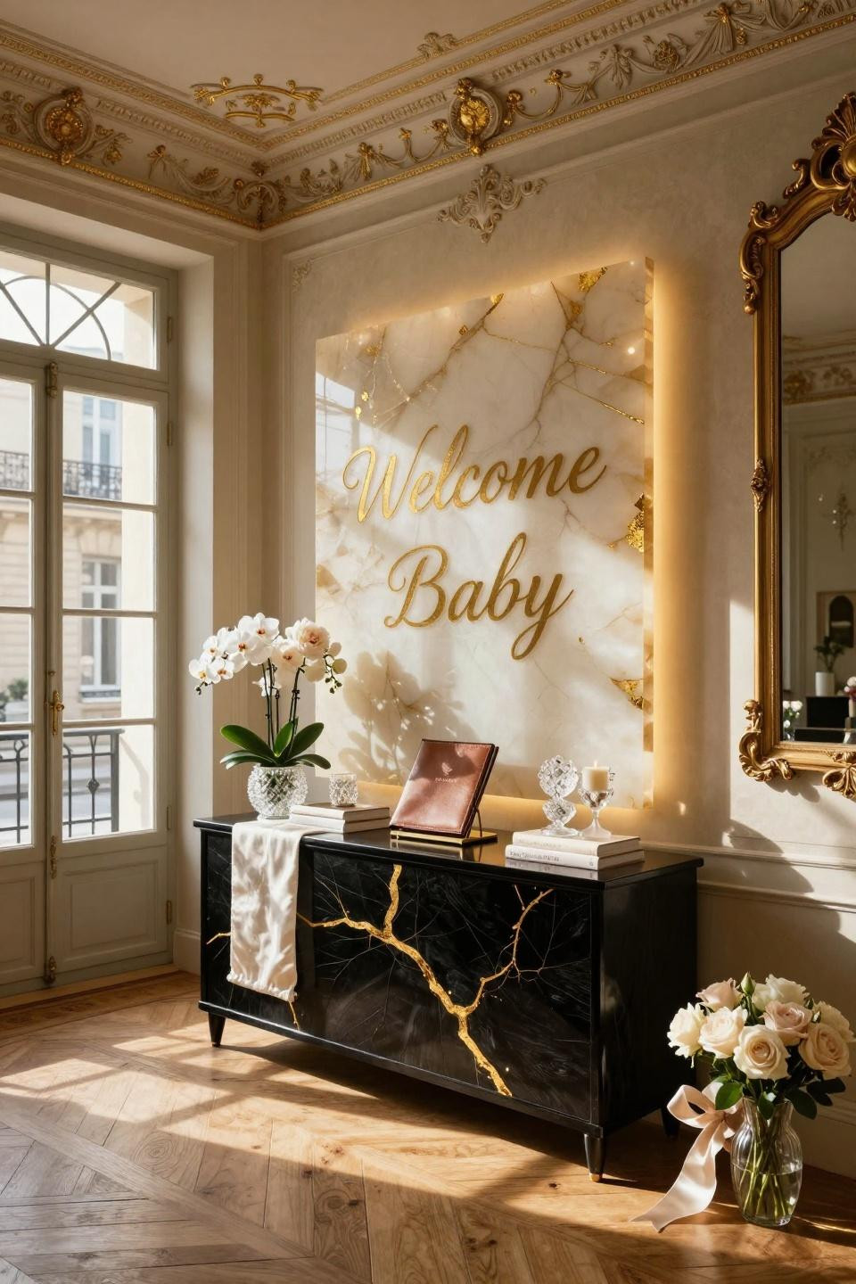 Unique baby shower themes featuring backlit honey onyx and 24k gold leaf in Paris townhouse