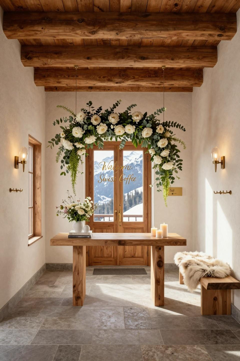 Baby shower entrance decor featuring white peonies and gold leaf calligraphy in Swiss chalet