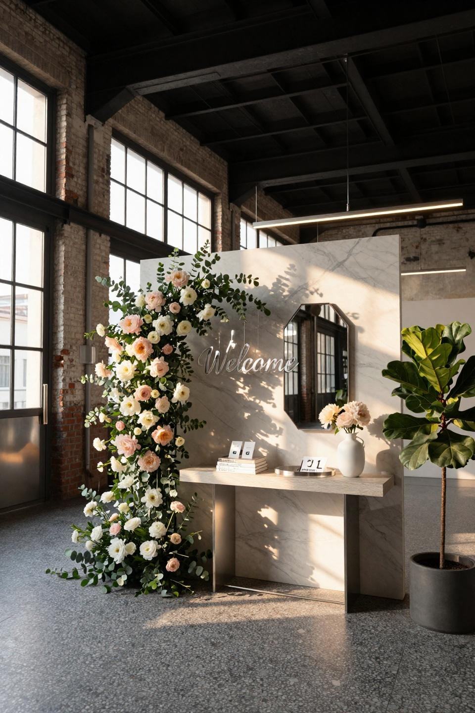 Baby shower welcome sign with blush peonies and platinum calligraphy in Milan warehouse loft