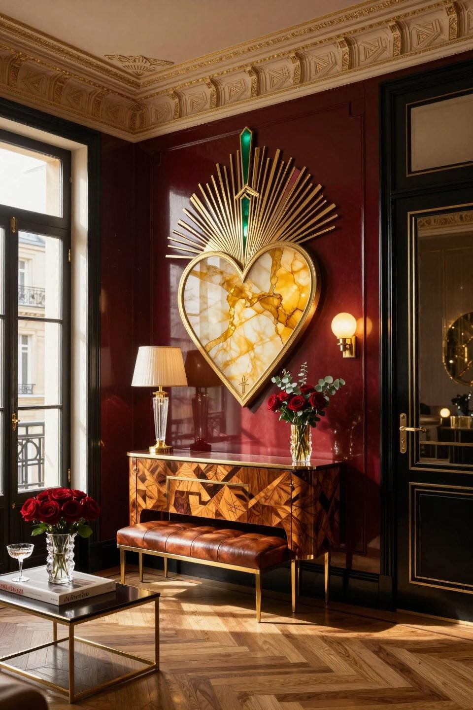 Heart door hanger as Art Deco sculptural centerpiece with onyx and gold