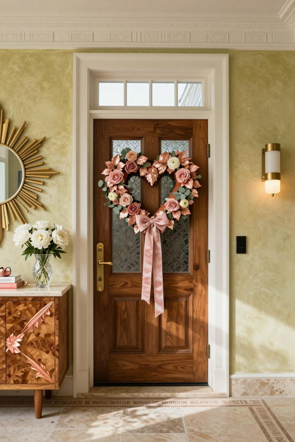 Heart door hanger as bespoke metallic installation with Parisian ribbon