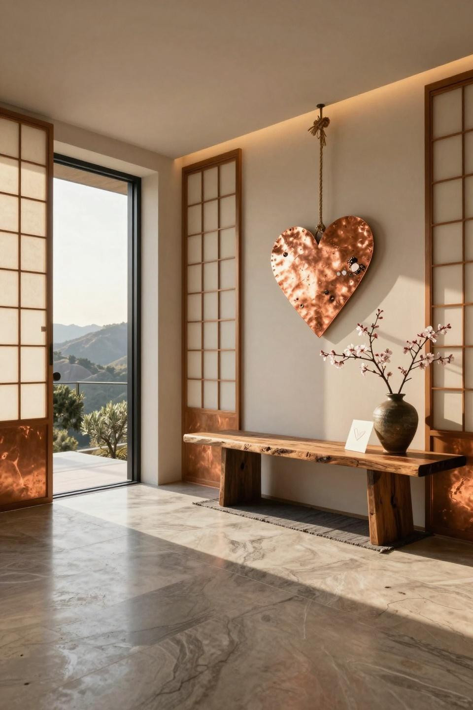 Valentines day door decorations with minimalist copper and natural jute
