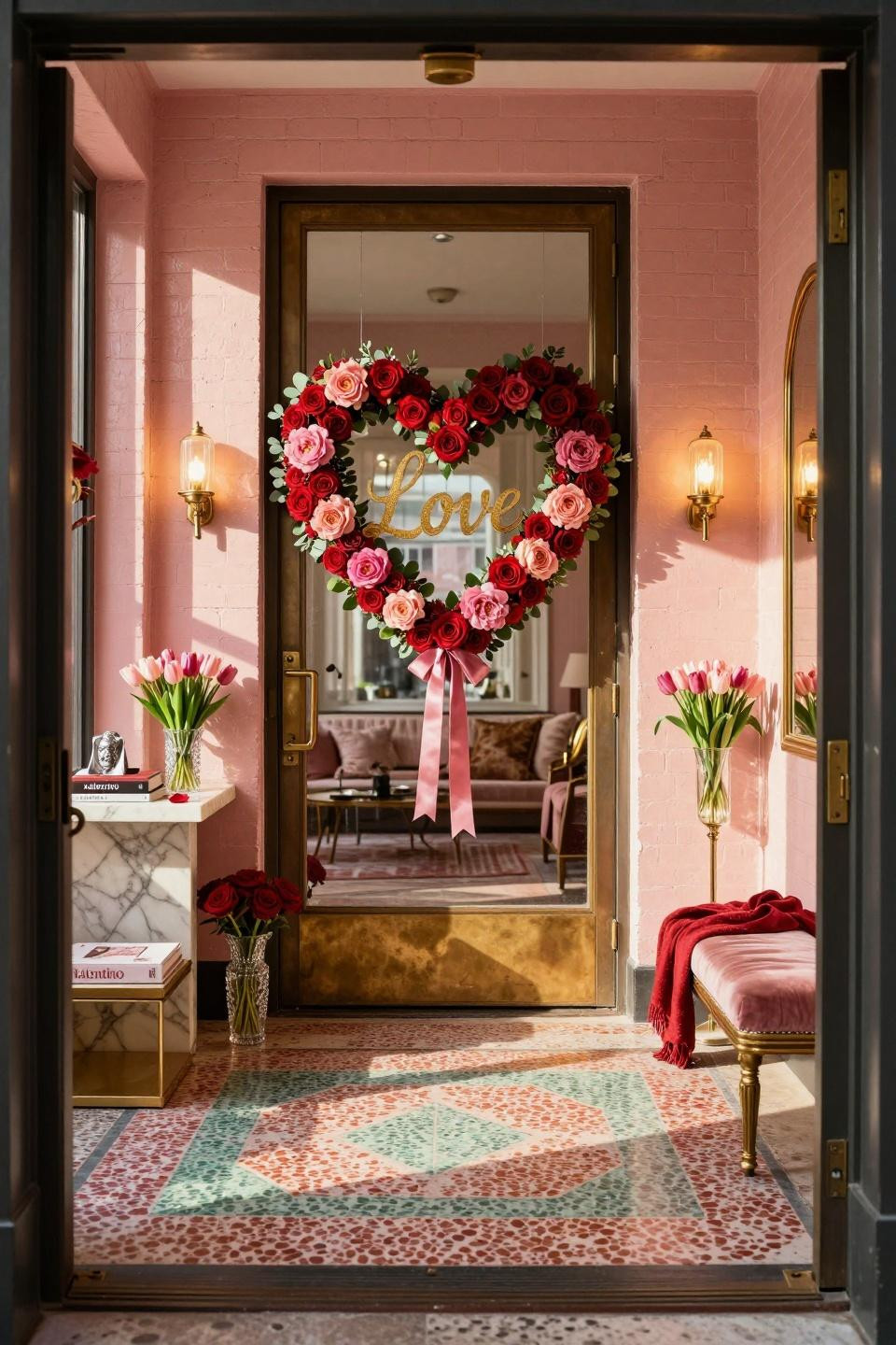 Valentine's Day door hanger with preserved roses in South Beach loft
