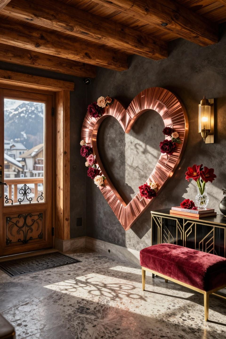 Door hanging decorations with polished rose gold and Art Deco geometric patterns