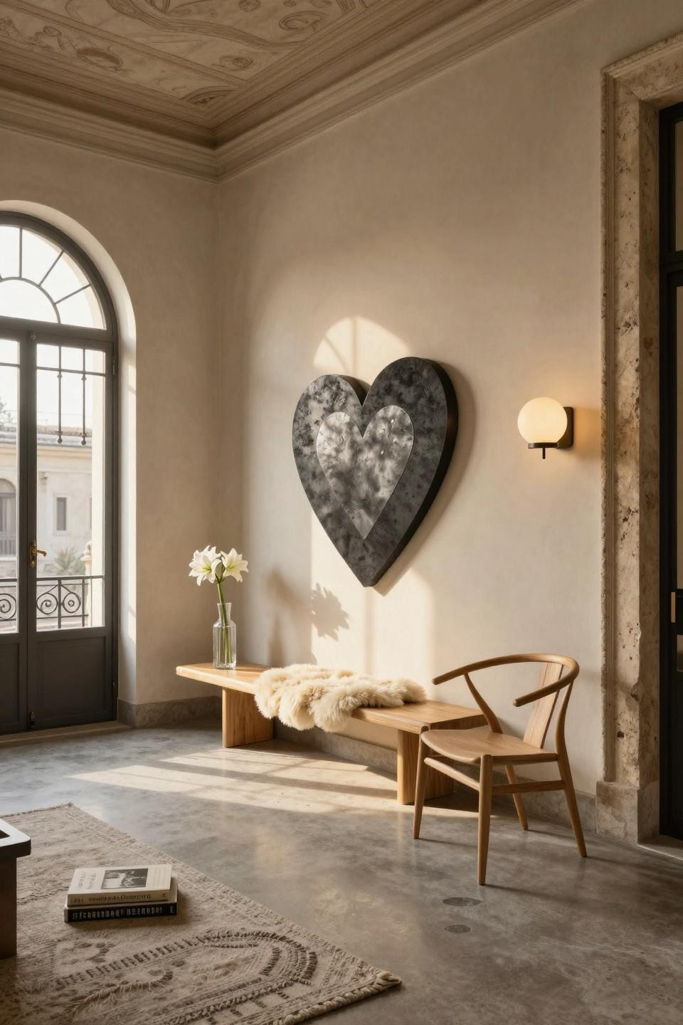 Valentines door hanger in blackened steel with concrete composite in palazzo entryway