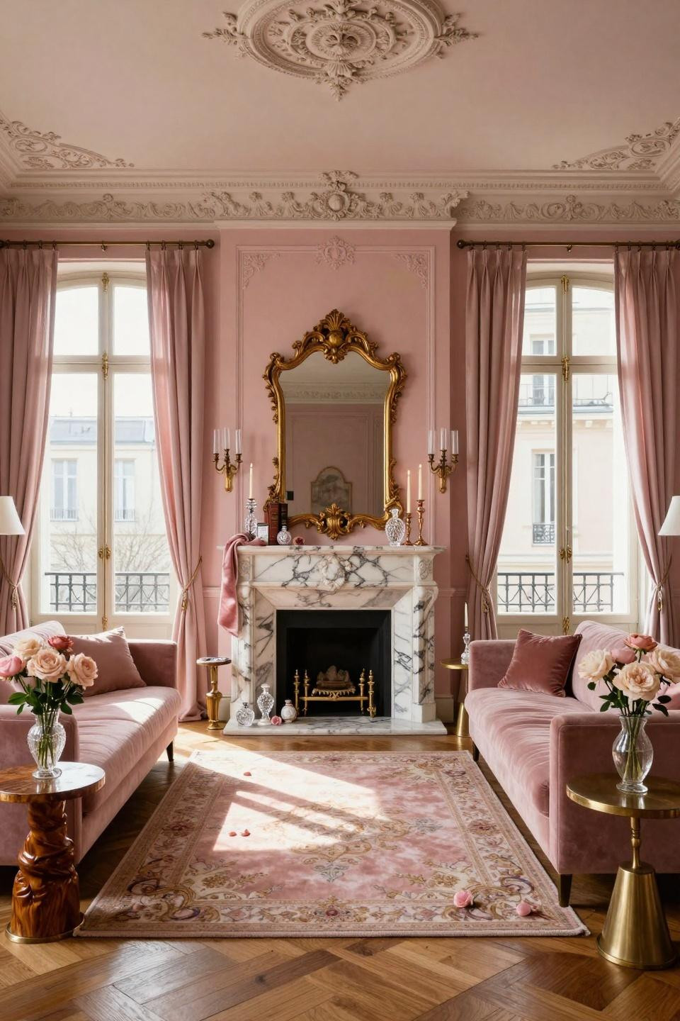 Valentines fireplace decorations with Baccarat rose gold candelabras and Calacatta marble