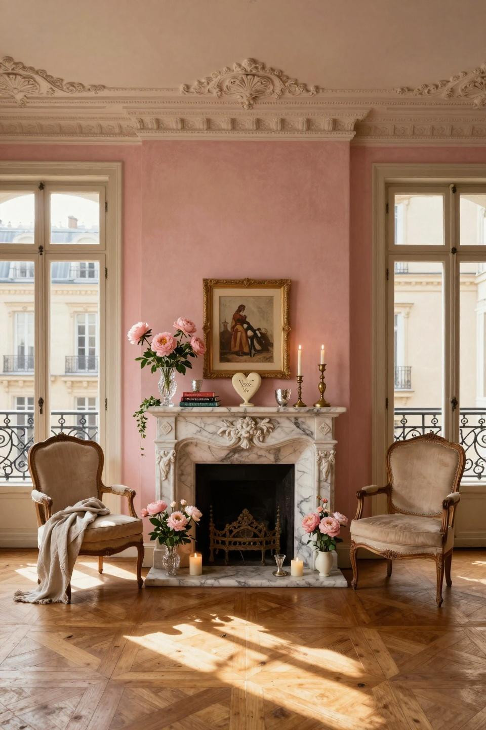 Valentines mantel decor in Parisian apartment with carved Carrara marble and blush peonies