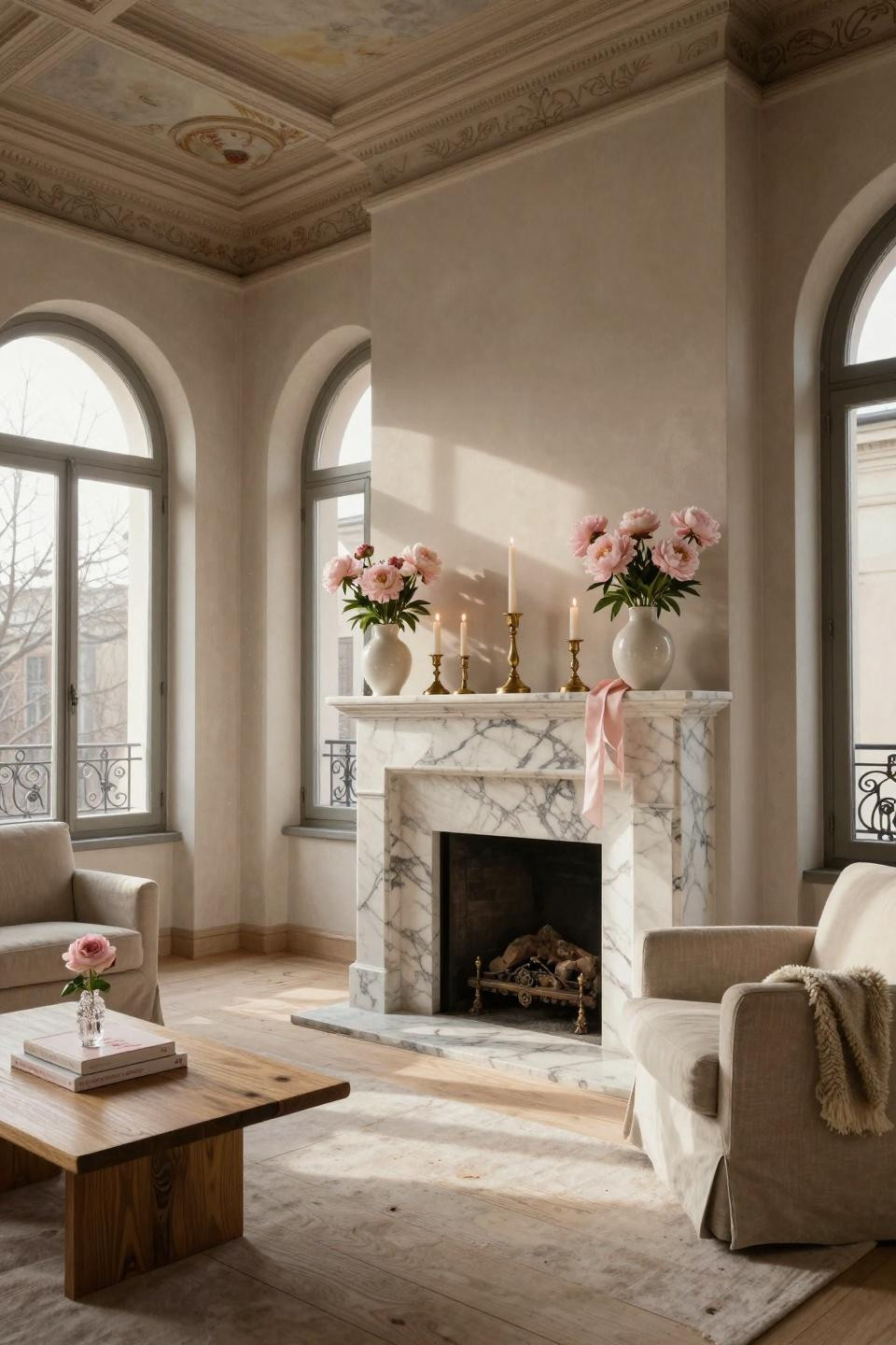 Valentine mantel ideas with Calacatta Gold marble and Scandinavian minimalist styling