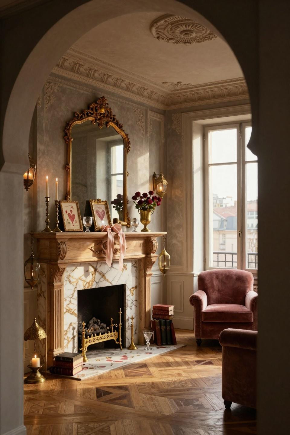 Farmhouse valentines day decor with reclaimed white oak mantel and Moroccan lanterns