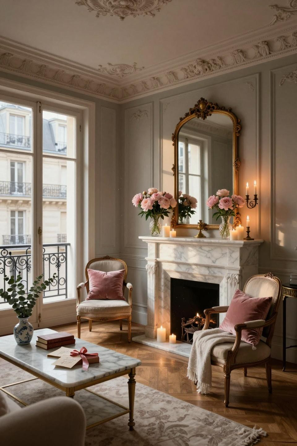 February decorating ideas in Parisian apartment with Carrara marble and ivory candles
