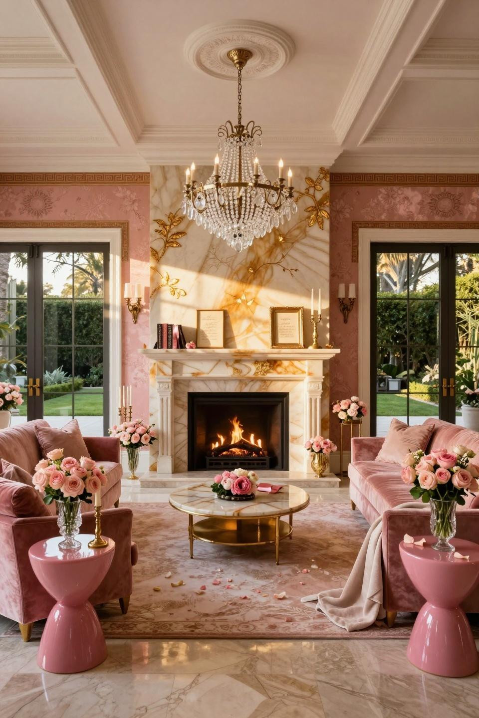 Classy valentines decor with backlit honey onyx mantel and 24k gold leaf accents