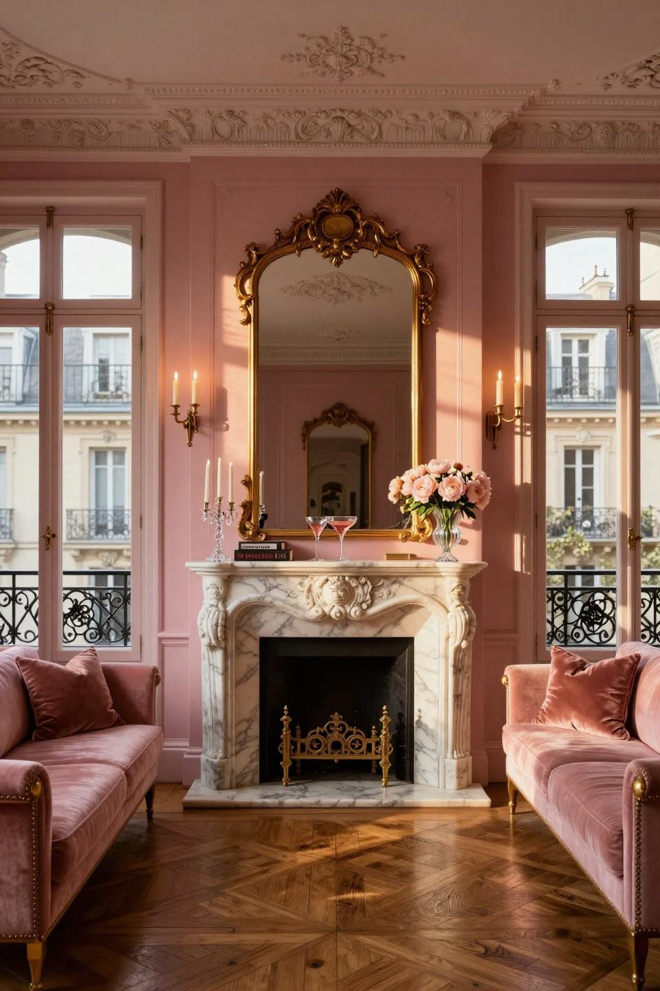 Valentines day mantle in Parisian apartment with Carrara marble and Baccarat candlesticks