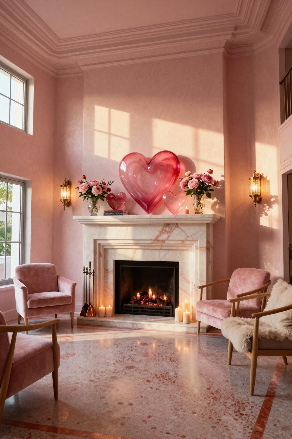 Valentines fireplace decorations with Dale Chihuly glass hearts on quartzite mantel
