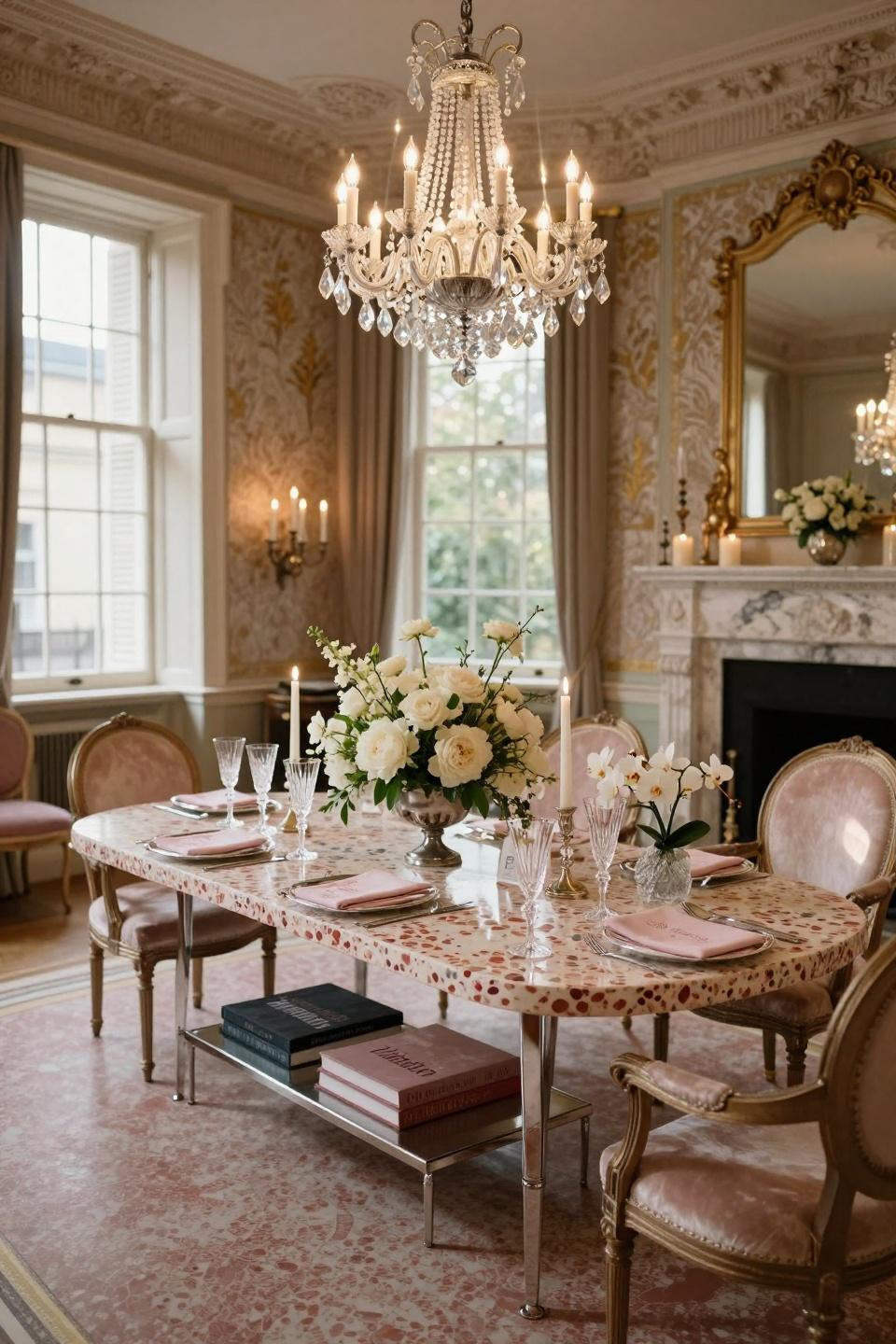 Couples shower games setting with Parisian classic maximalism featuring hand-poured Venetian terrazzo with rose quartz aggregate in London townhouse