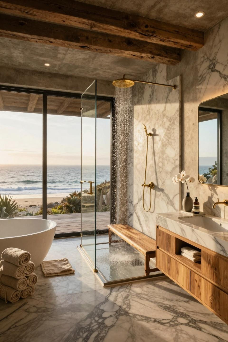 Couples shower games featuring industrial loft meets Italian sophistication with dual brass rainfall showerheads and Pacific Ocean views