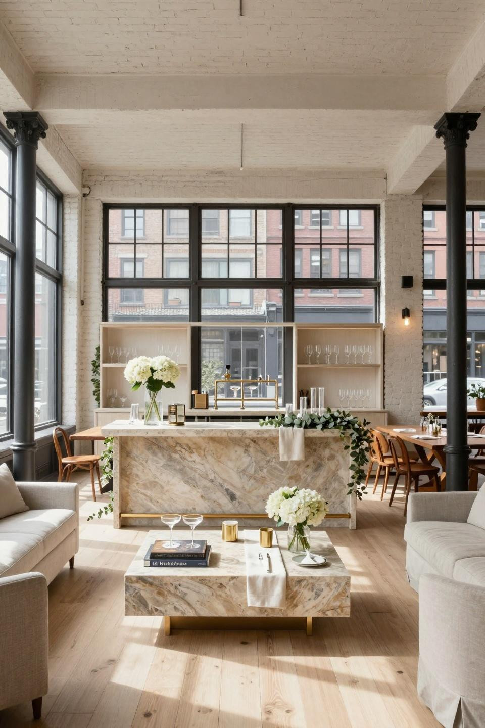 Couples shower games setting with urban loft design featuring limestone bar and white oak flooring in converted Tribeca factory
