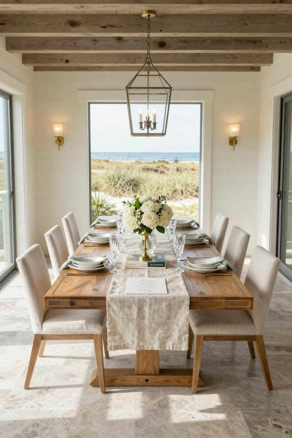 Couples shower games setting with traditional elegance featuring custom cerused oak dining table and Ralph Lauren porcelain in Hamptons beach house