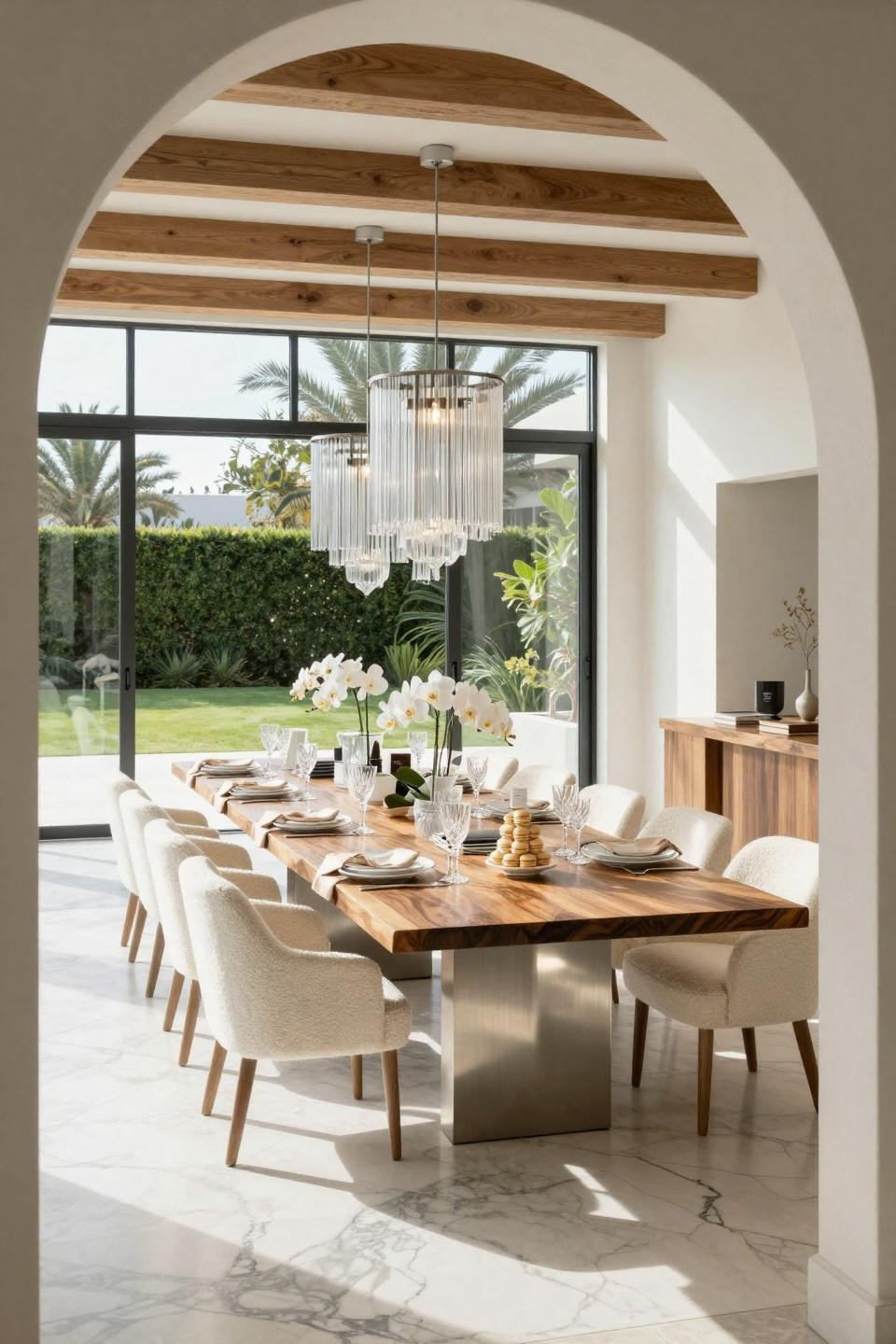 Couples shower games featuring modern minimalist design with twelve-foot walnut burl dining table and Apparatus chandeliers in Beverly Hills penthouse