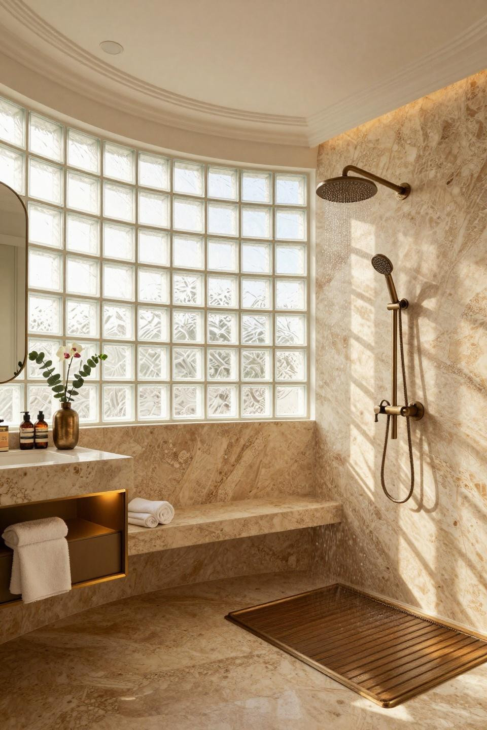 Couples shower games featuring futurist avant-garde design with dual Dornbracht bronze rainfall systems and book-matched travertine in South Beach