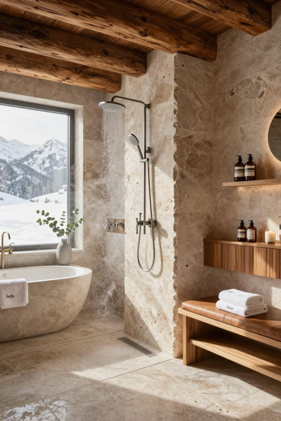 Couples shower games setting with Italian sophistication featuring dual Dornbracht showerheads on freestanding stone column in Alpine chalet