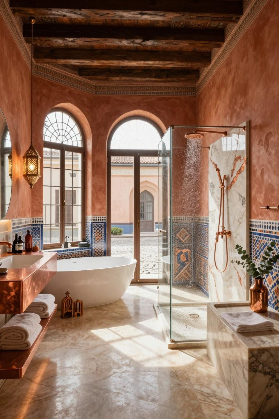 Couples shower games featuring Italian sophistication with Moroccan riad influences and copper-veined quartzite in converted palazzo