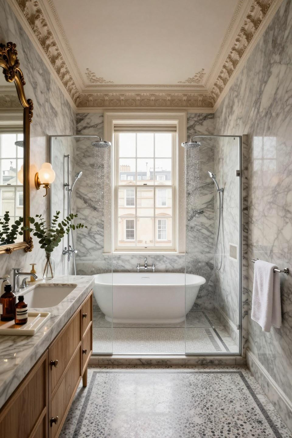 Couples shower games atmosphere with Italian sophistication featuring dual Dornbracht chrome rainfall showers and Grigio Carnico terrazzo