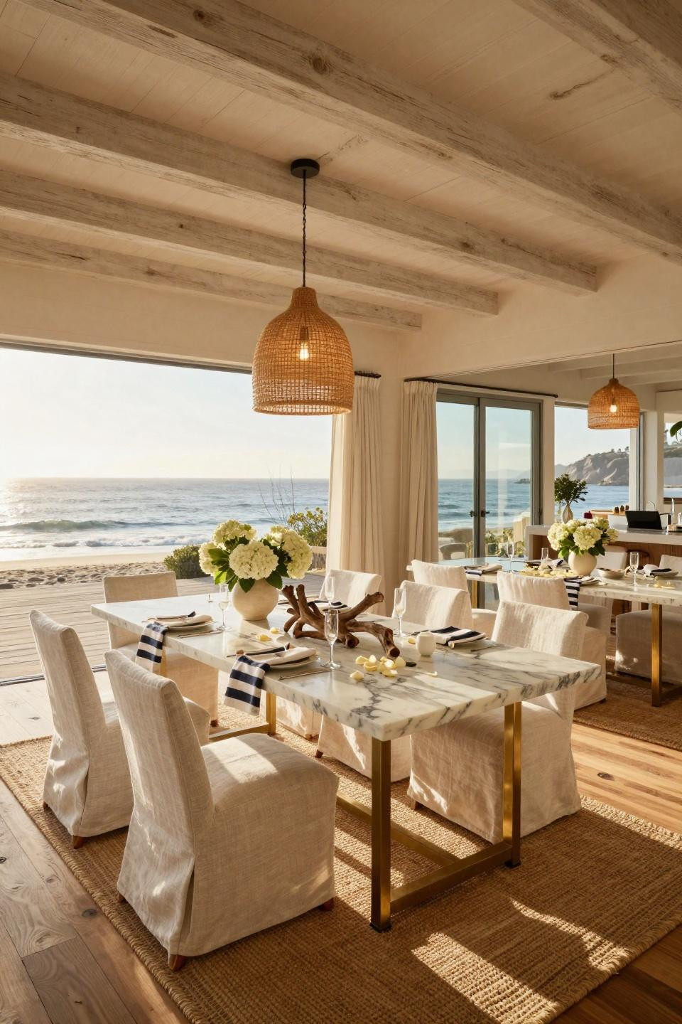 Couples shower games featuring coastal chic design with Calacatta marble serving table and linen upholstery in Malibu beach house