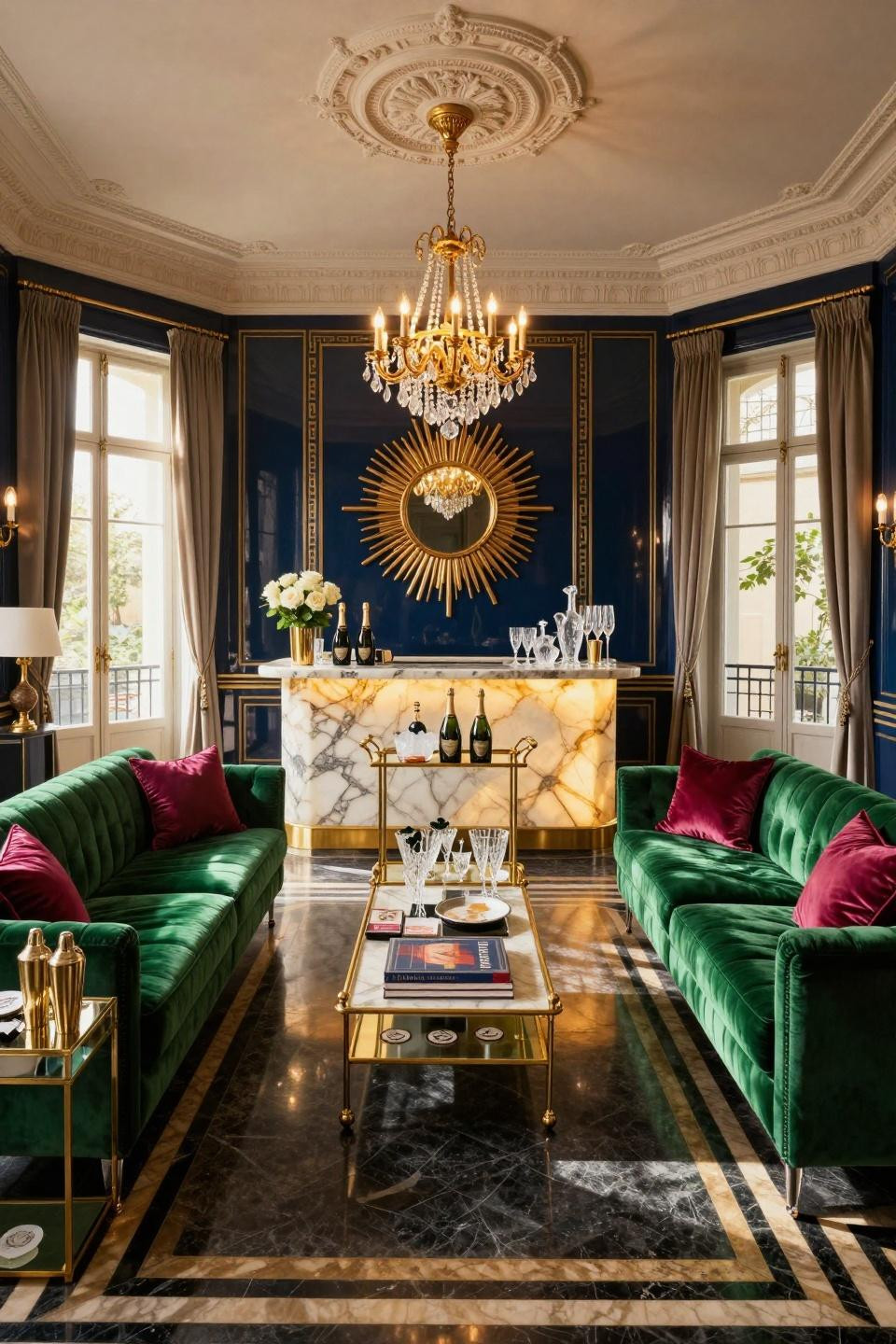 Couples shower games setting with Art Deco Revival featuring backlit onyx bar and emerald velvet in Parisian apartment
