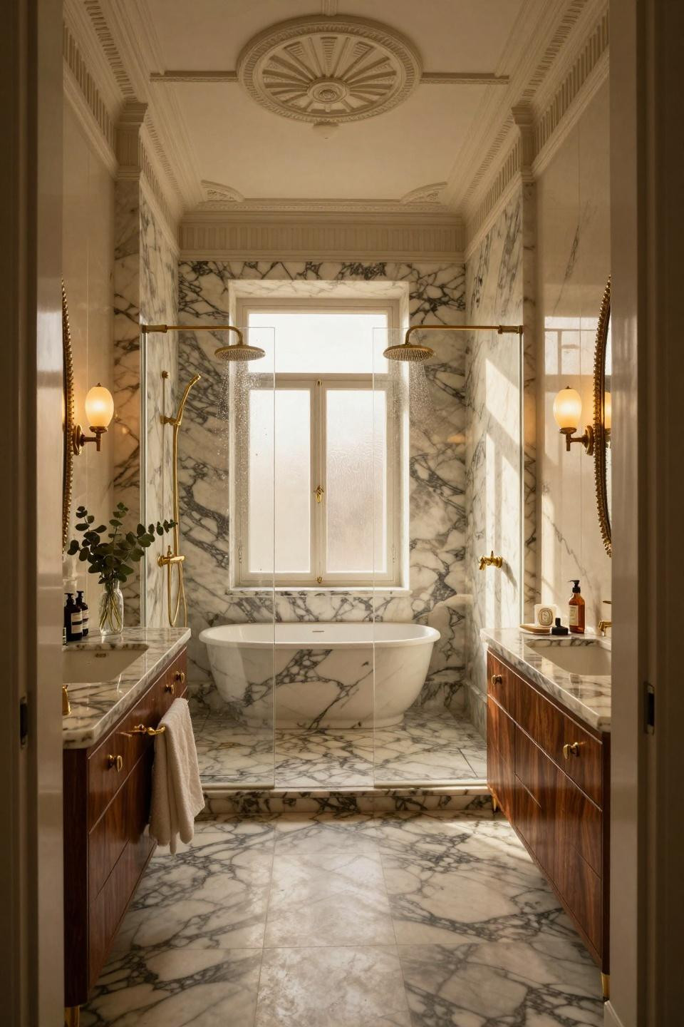 At home engagement party inspiration featuring Hollywood Regency bathroom with book-matched Calacatta Gold marble and Waterworks brass fixtures