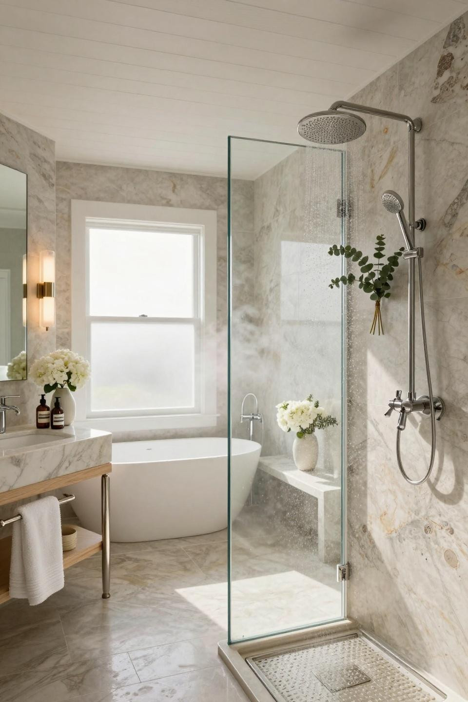 Coed bridal shower ideas showcasing Italian sophistication with dual Dornbracht rainfall showerheads and French limestone in Amagansett beach house