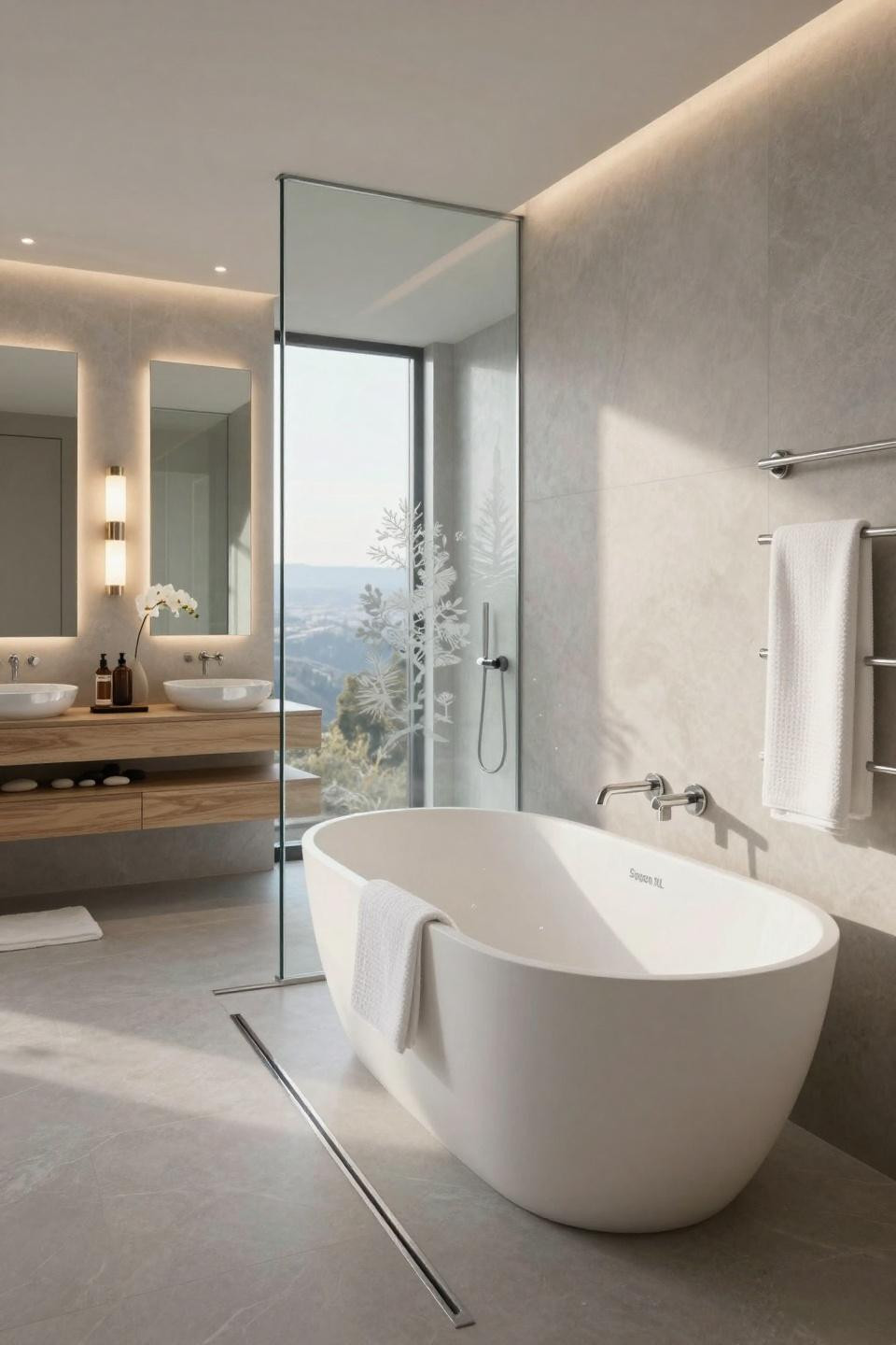 Simple baby shower ideas featuring Scandinavian serenity with acid-etched glass partition and platinum Dornbracht fixtures in luxury penthouse spa