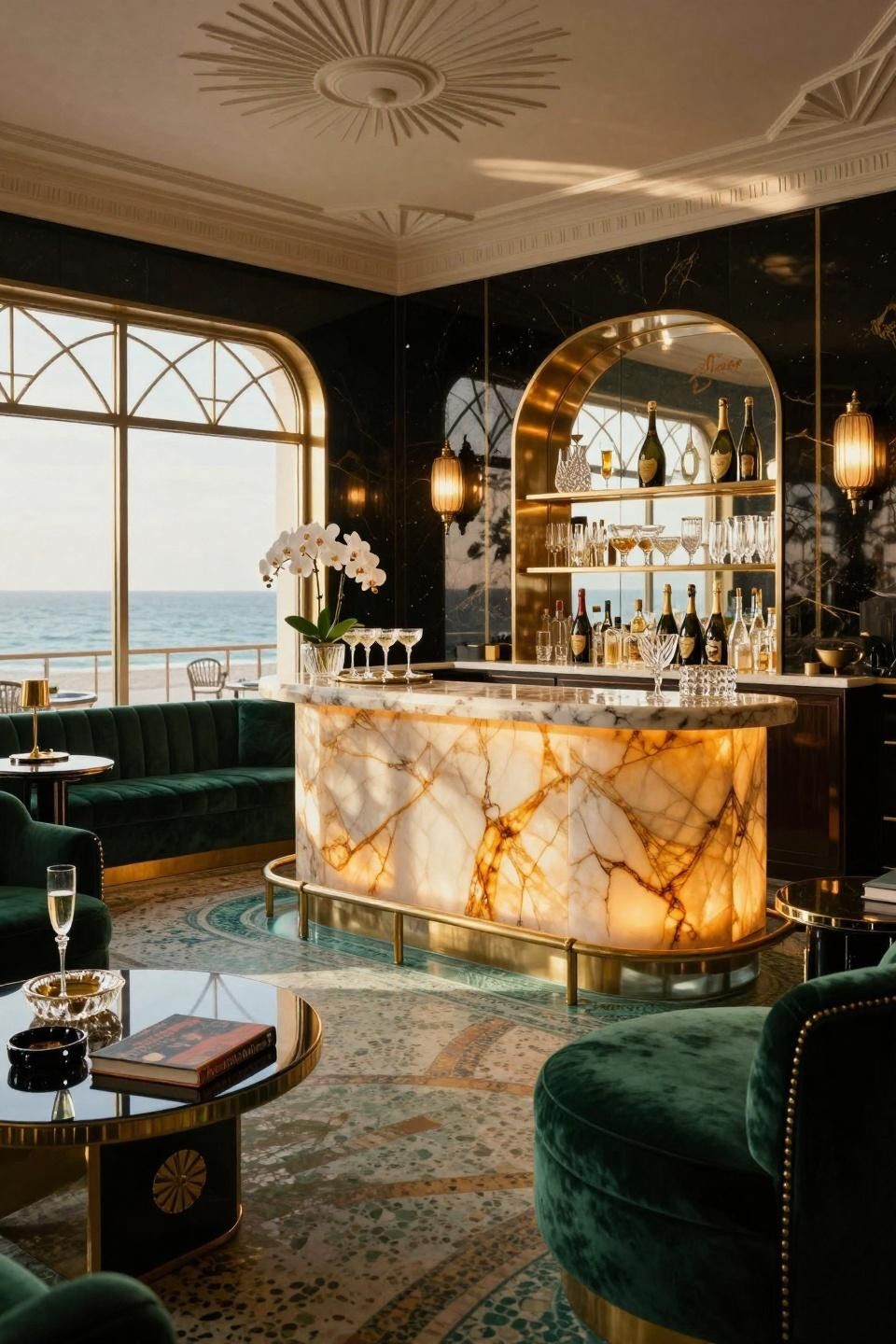 Coed wedding shower themes with Art Deco maximalism featuring backlit honey onyx champagne bar and emerald velvet in Miami estate