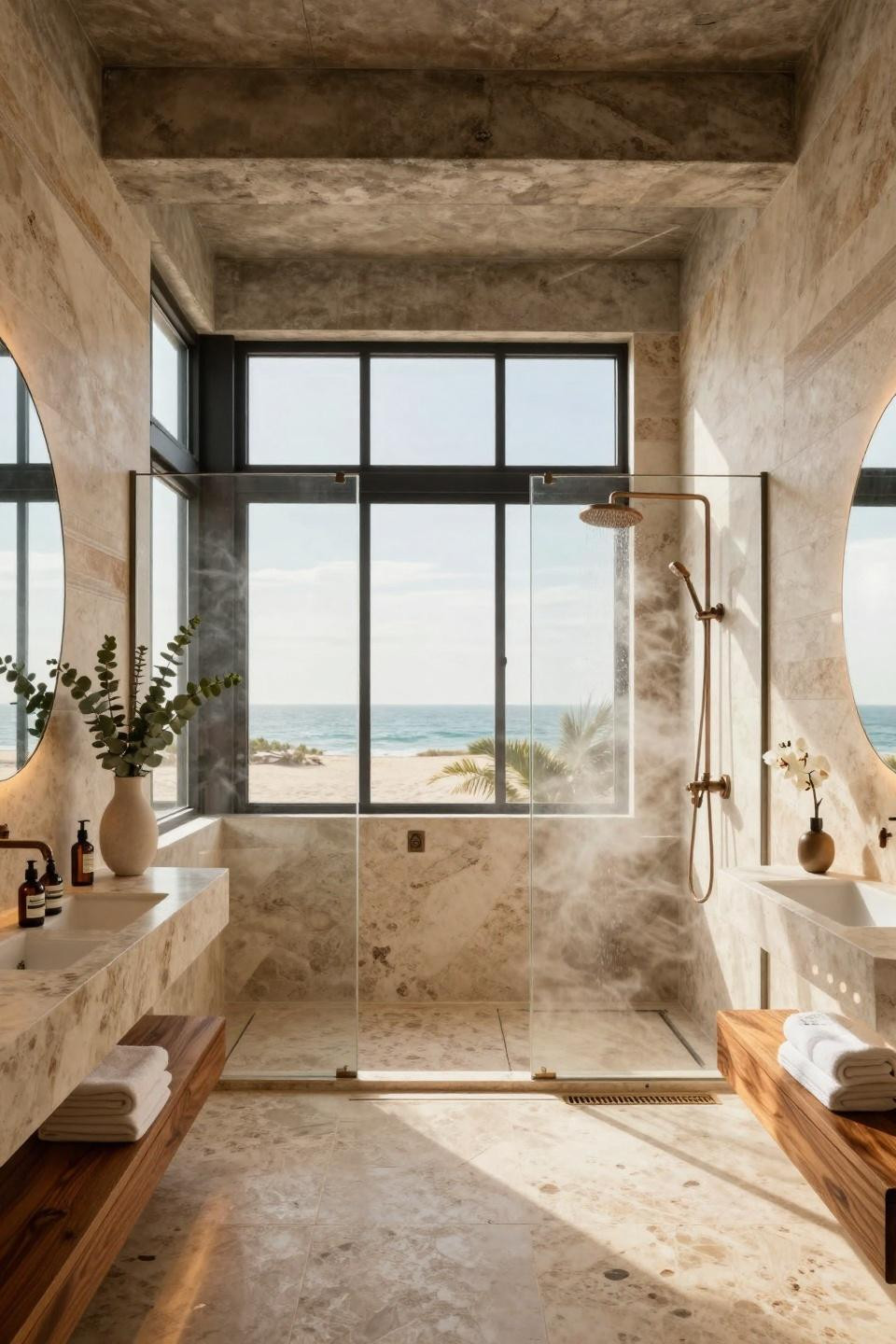 Bride shower ideas featuring minimalist zen spa with book-matched travertine and dual Grohe bronze rainfall systems