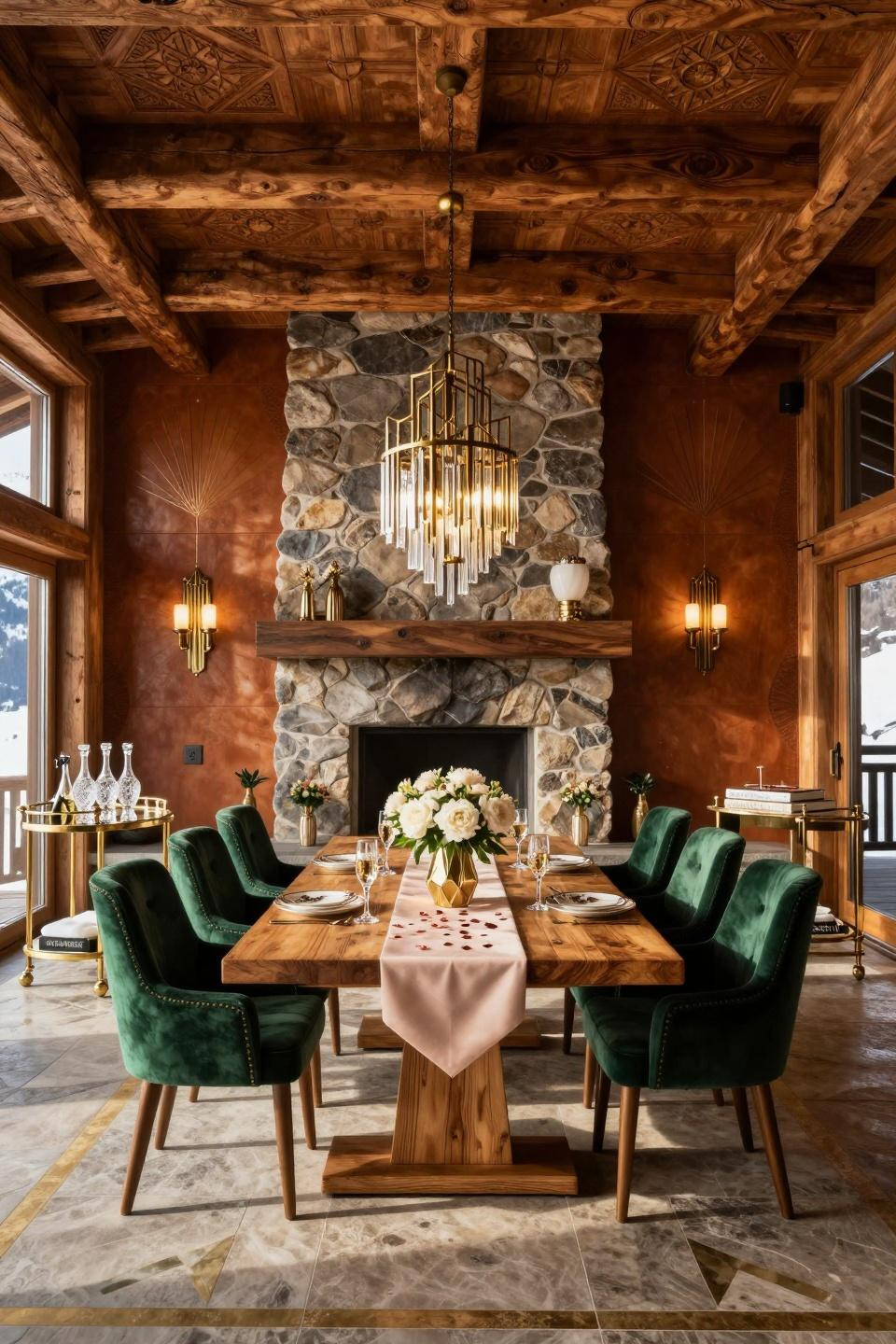 Couples shower decorations showcasing Art Deco glamour with geometric brass patterns and emerald velvet in Verbier mountain estate