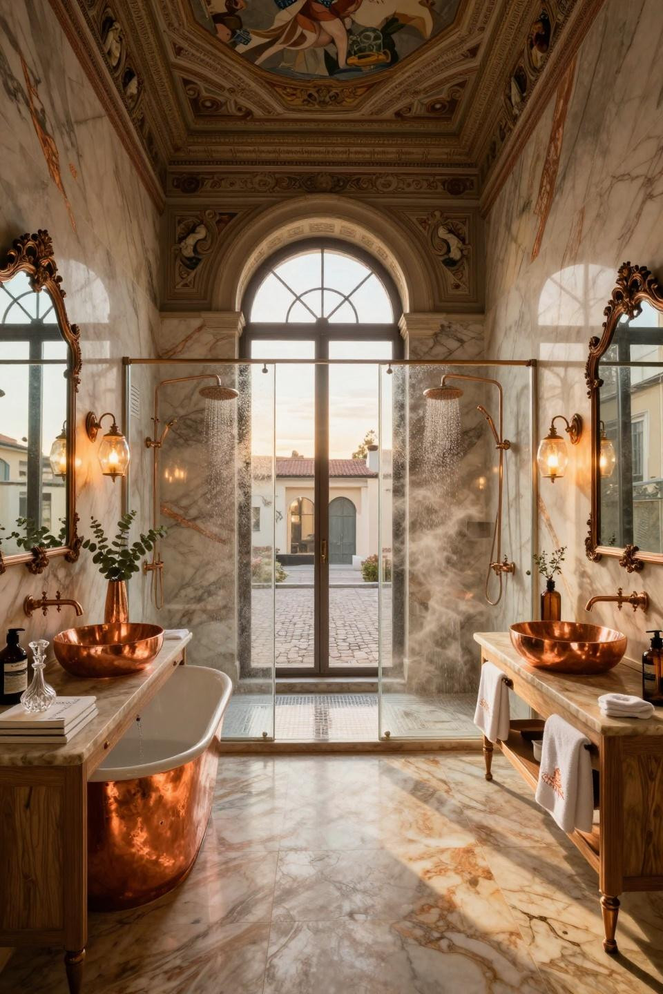 Couples wedding shower themes featuring Italian palazzo bathroom with dramatic copper-veined quartzite and Dornbracht aged copper fixtures