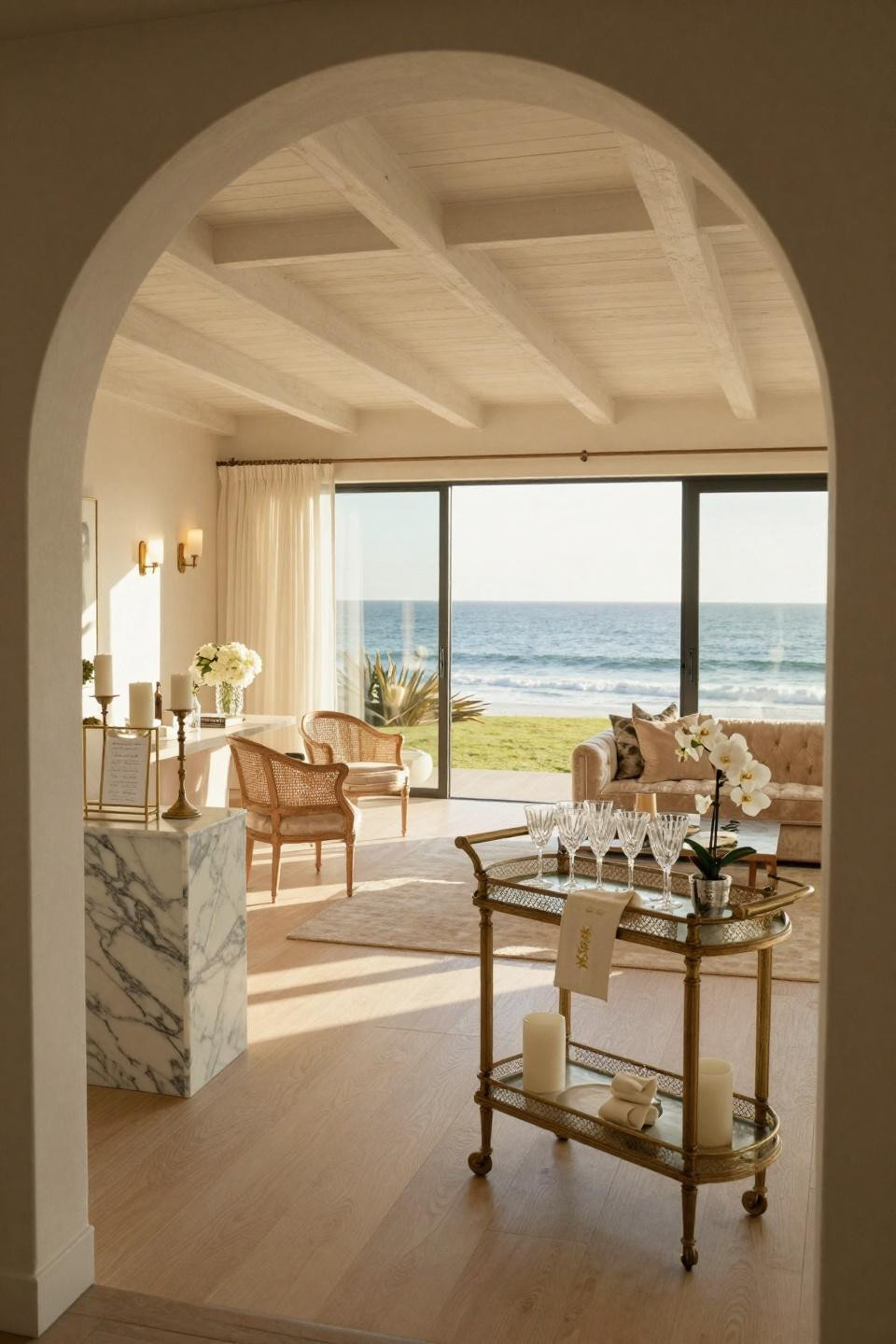 Couples shower ideas featuring vintage brass bar cart with Waterford crystal and white orchids in mid-century modern Malibu villa