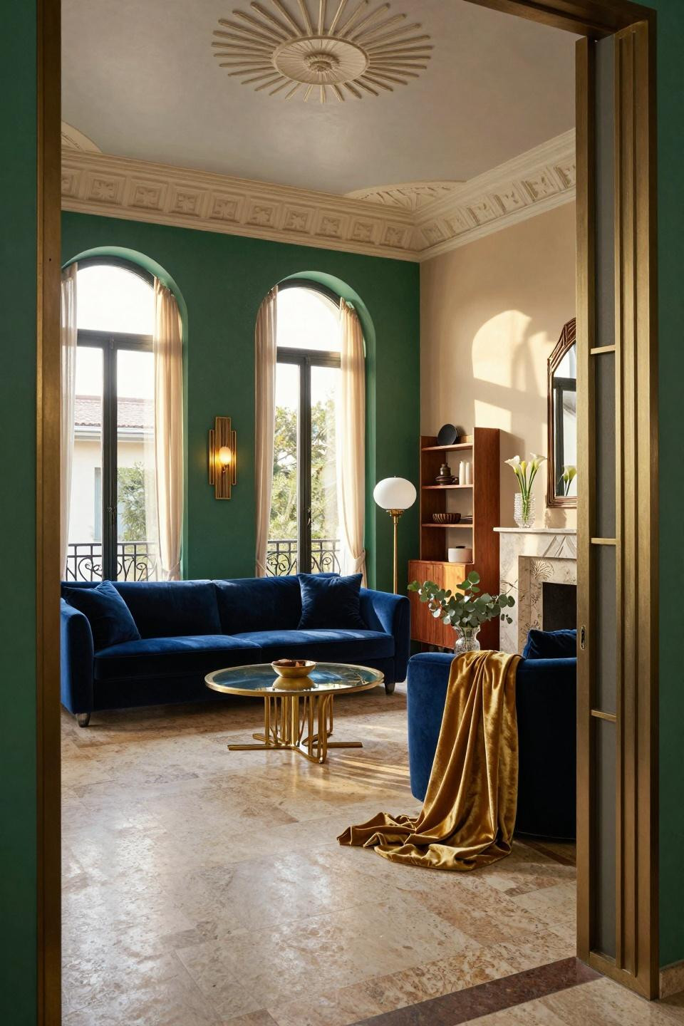 Best paint colors for living room with emerald green and champagne layered tones