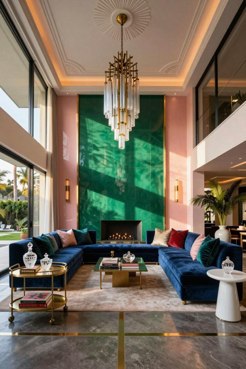 Wall color combination with emerald and blush pink lacquered finishes